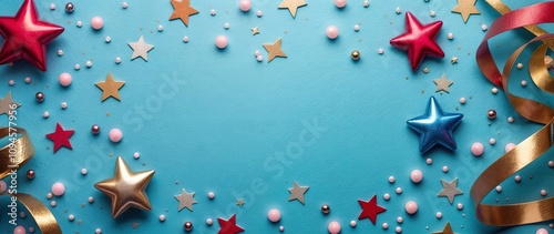 Banner festive and celebratory composition with a blue background copy space. Colorful metallic stars in red, gold, and blue, small pink beads. shimmering curled ribbons in gold and red tones. photo