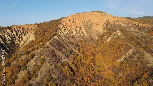 Aerial Sunset view of rock formation Stob pyramids, Rila Mountain, Kyustendil region, Bulgaria photo