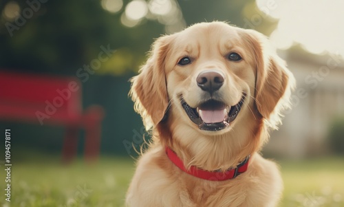 Happy golden retriever enjoying a sunny day in the park with a friendly expre...