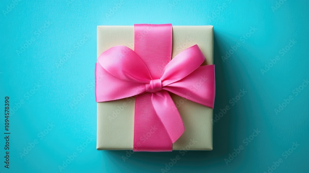 Gift box wrapped in cream with a large pink ribbon, resting on a vibrant turquoise background, perfect for celebrations and festive occasions Gift box wrapped in cream with a large pink ribbon, resting on a vibrant turquoise background, perfect for celebrations and festive occasions
