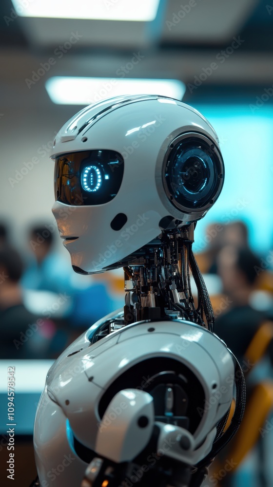 Fototapeta premium Humanoid ai robot instructor in minimalist classroom setting