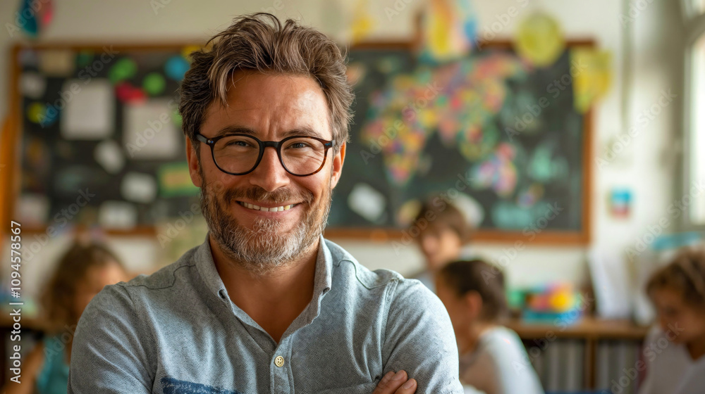 Teacher. Portrait of a happy handsome male teacher in the classroom