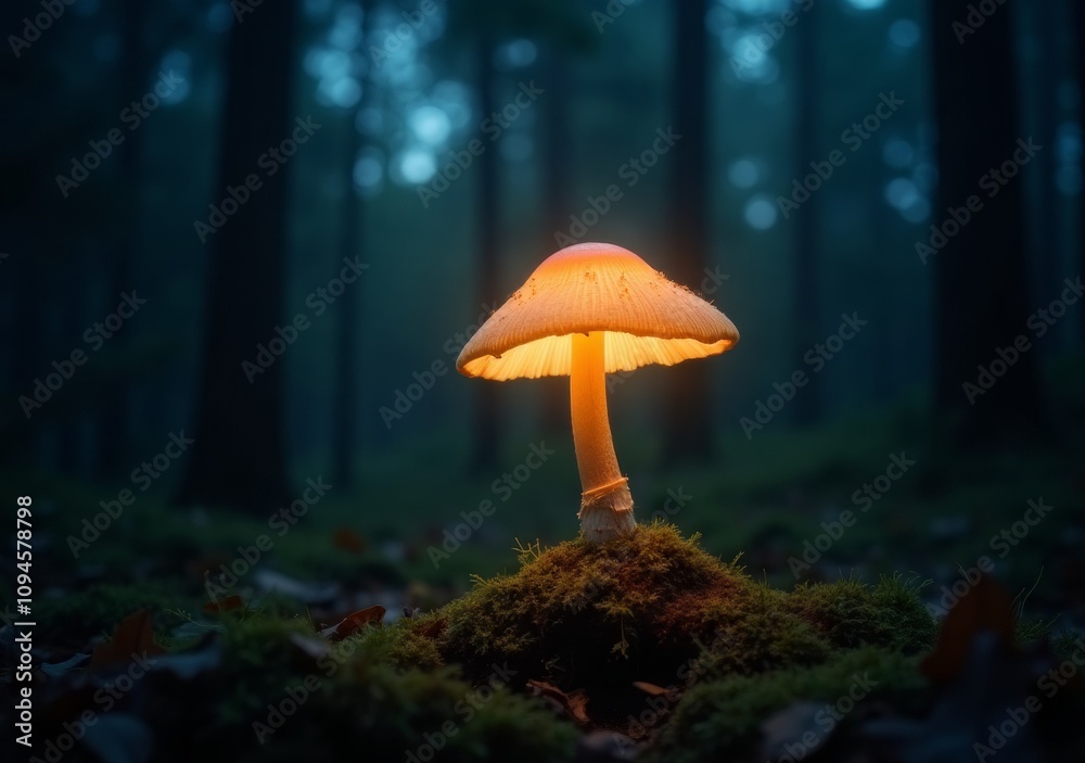 Fototapeta premium Glowing mushroom illuminates a misty forest at twilight