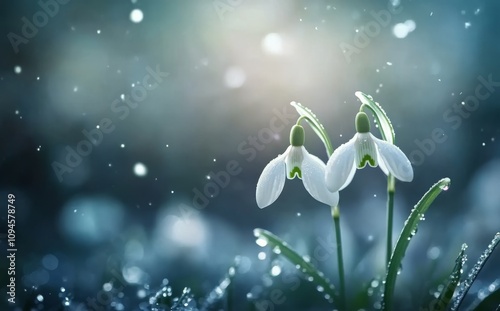 Snowdrops blooming in the frost under a wintery atmosphere illuminated by sof...