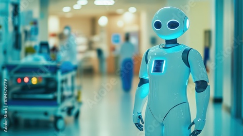 Humanoid ai robot nurse in emergency room with medical trolley