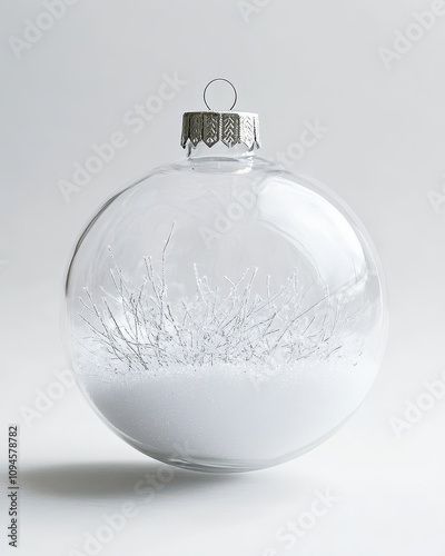 Clear glass ornament filled with snowlike material, modern festive accent, white background photo