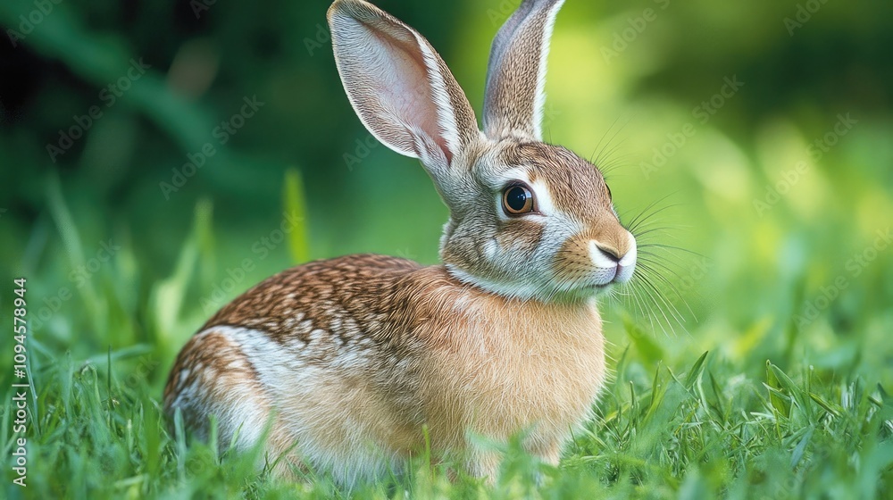 Fototapeta premium Vigilant hare with long ears perched in a lush grassy field, showcasing its soft fur and alert expression against a blurred green background.