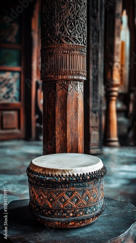 a single, decorated damphu drum resting against a carved wooden post, symbolizing the heartbeat of Udhauli Parva, with ample copy space for text, captured  photo