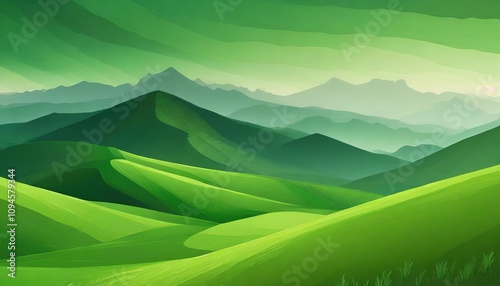 Abstract green landscape wallpaper background illustration featuring rolling hills, majestic mountains, and serene natural tones for a calming, minimalist design aesthetic.