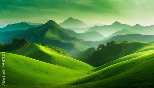 Serene Abstract Green Landscape Wallpaper Background Illustration Design Featuring Rolling Hills and Majestic Mountains for Desktop or Mobile Use, Perfect for Nature and Art Enthusiasts