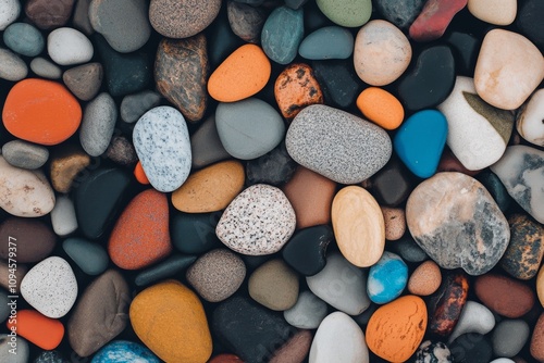 Colorful collection of smooth stones arranged on a flat surface for decoratio...