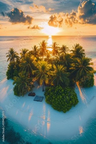 Tropical island paradise with palm trees at sunset over tranquil ocean waves