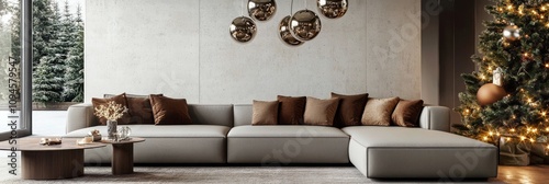 Cozy holiday living room decorated with Christmas trees and stylish furniture...