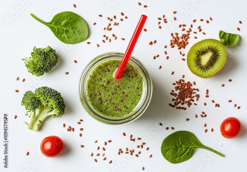 Fresh green smoothie with fruits and vegetables arranged artistically on a wh...