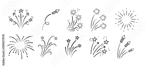 Fireworks and stars doodle Hand drawn set. Doodle Firework sketch. Linear vector explosions collection
