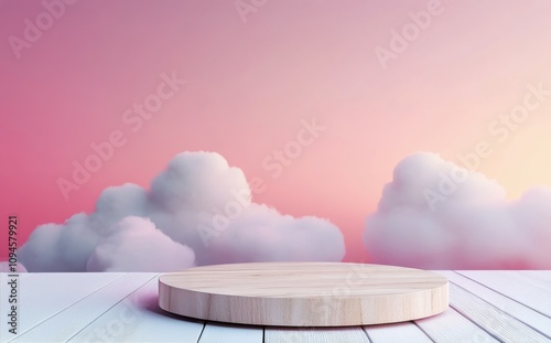 Cloudy sky with a white podium on a wooden surface during daylight hours