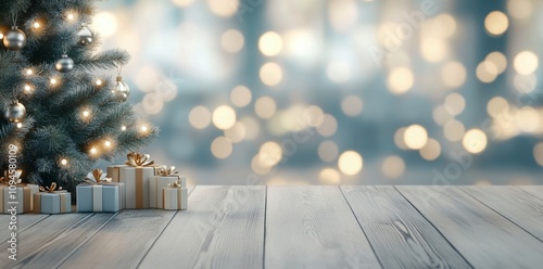 Beautiful Christmas tree with presents on wooden table against colorful bokeh...