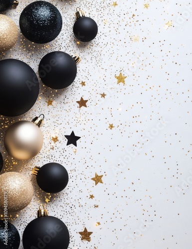 Decorative black and gold Christmas ornaments on a white background with glitter