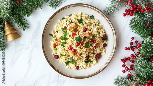 Traditional Christmas Couscous with Cranberries and Parsley on Festive Holiday Table Setting, Seasonal Gourmet Dish Background