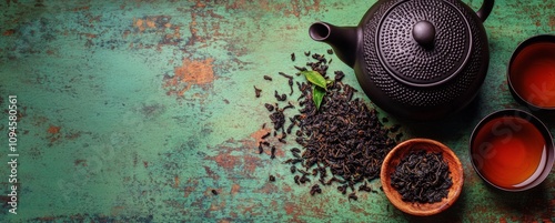 Delicious black tea preparation with a teapot and dried tea leaves on a rusti...