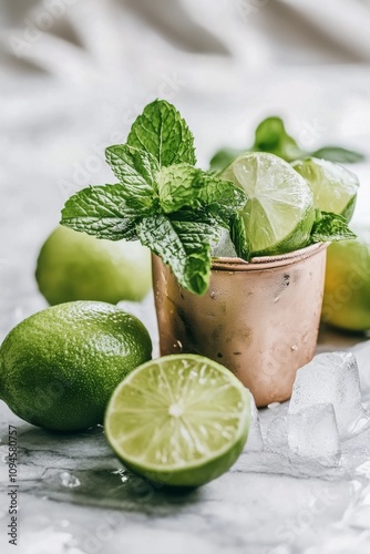 Refreshing mint and lime drink served in a copper mug with ice and fresh ingr...