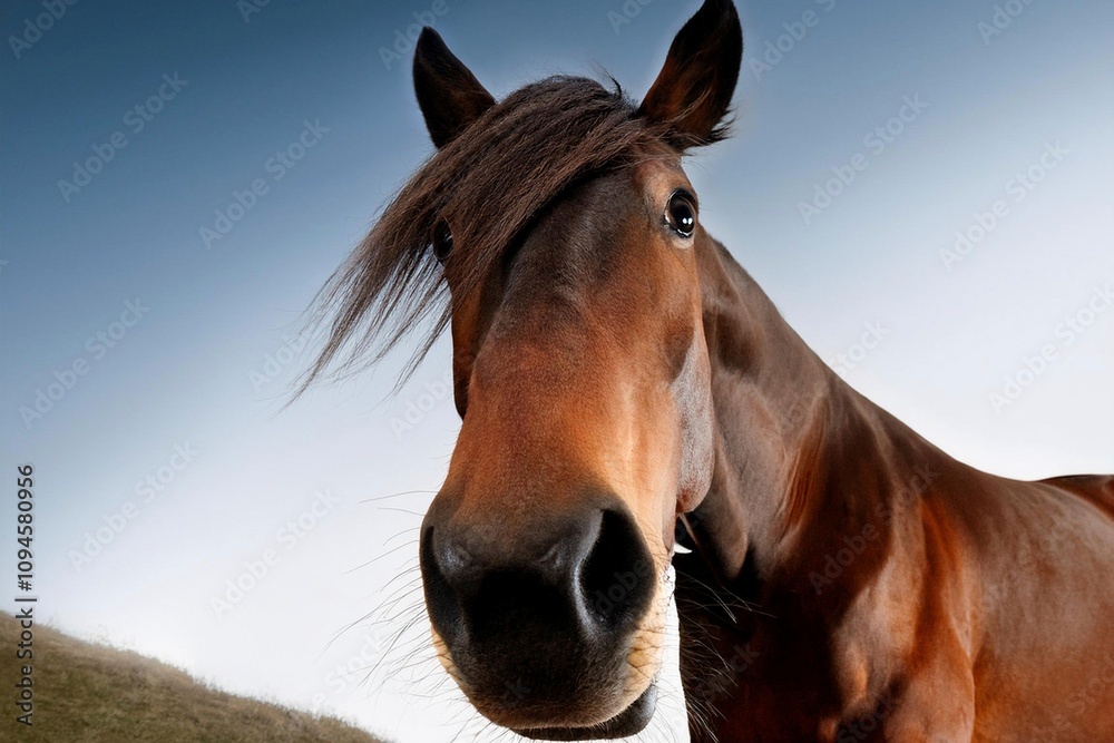 Obraz premium Close-up of a serene white horse under the warm colors of a sunset, emphasizing elegance and natural beauty. Ideal for wildlife and equestrian photography.
