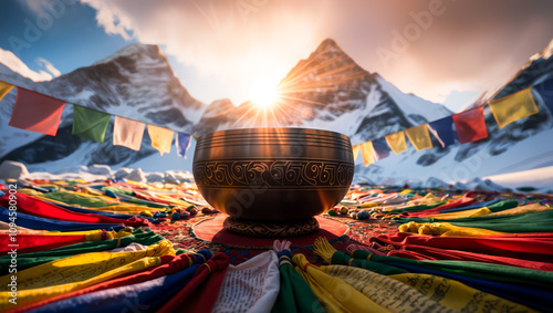 Singing bowl blessing the himalayas mountains with sunlight and prayer flags