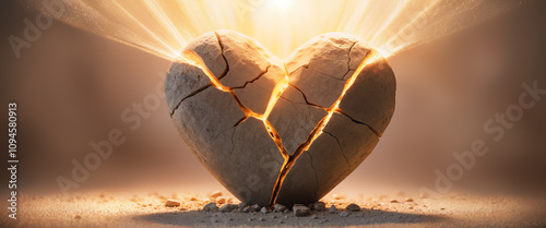 Broken stone heart illuminated by beams of golden light symbolizing healing and hope