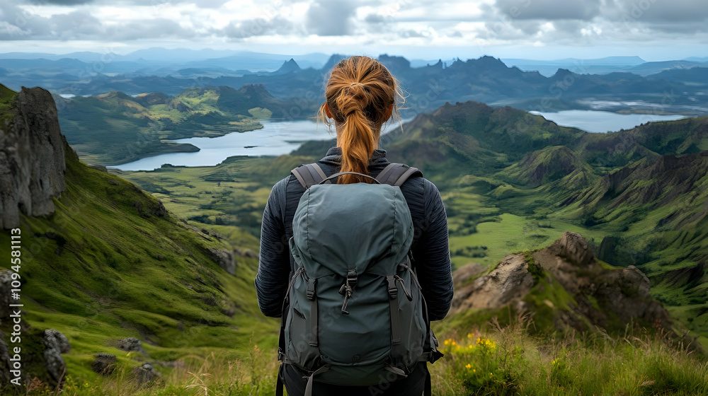 Naklejka premium Scenic Mountaintop View Hiking Backpack Landscape Photo