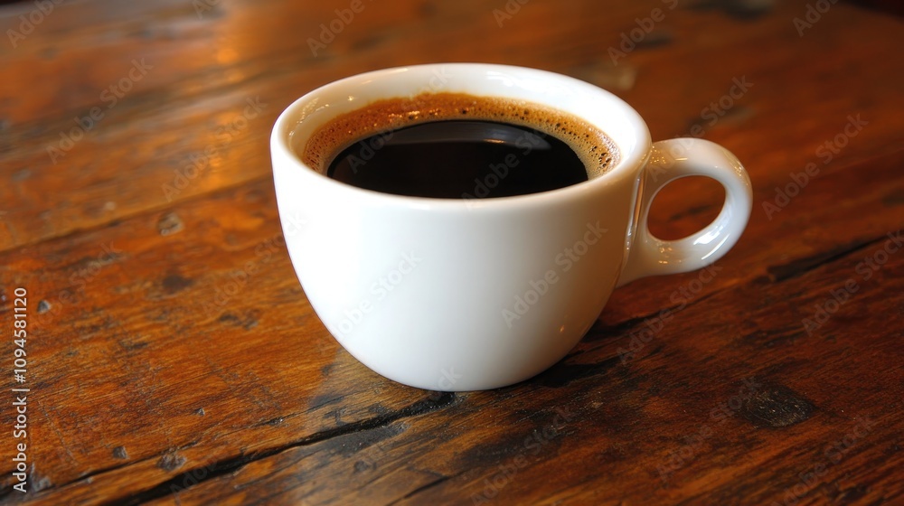 Close-up of a pristine white coffee cup filled with dark coffee, elegantly positioned on a rustic wooden table. Close-up of a pristine white coffee cup filled with dark coffee, elegantly positioned on a rustic wooden table.