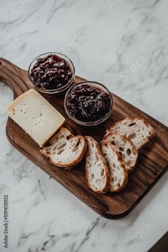 Delicious cheese and bread platter served with berry jam on a wooden board