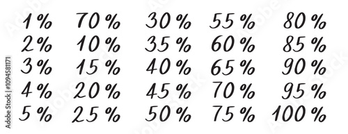 Hand drawn percentile numbers. Doodle drawing line percentile numbers