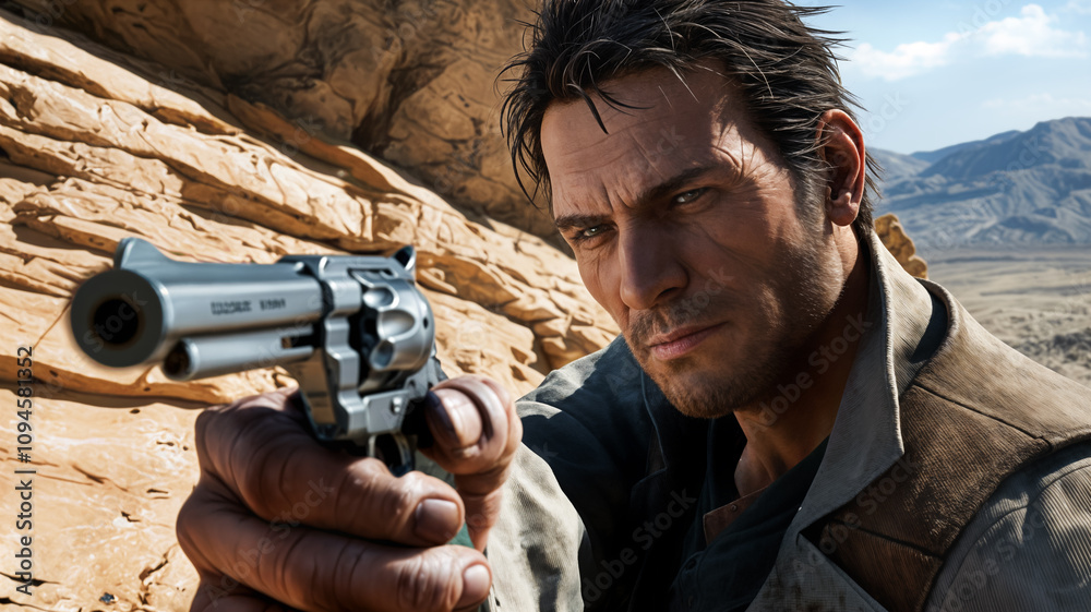 Cowboy is aiming with a revolver in the desert canyon Cowboy is aiming with a revolver in the desert canyon