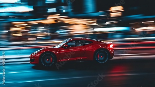 Red Sports Car Blazing Through City Streets at Night. AI Generated