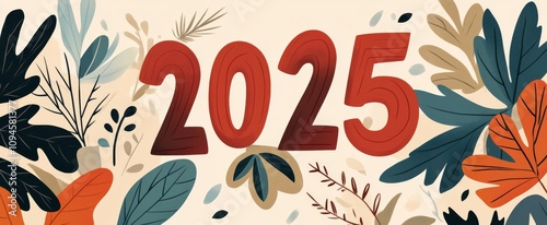 Vibrant floral design featuring the year 2025 on a light background with colo...