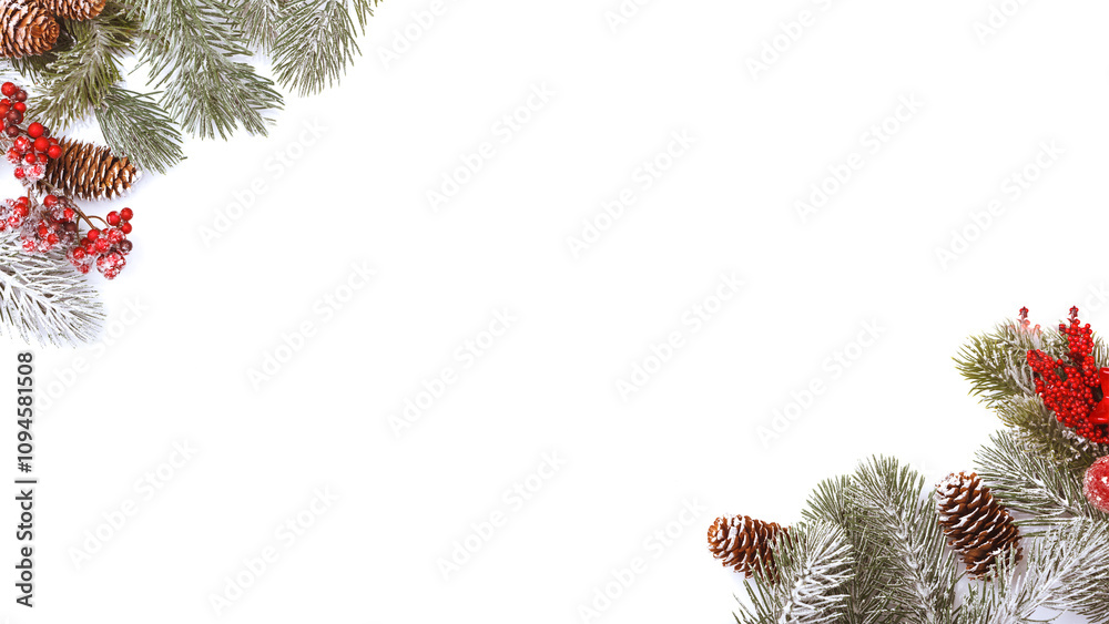 Wide HD format Christmas frame border on white, branches, cones and red berries