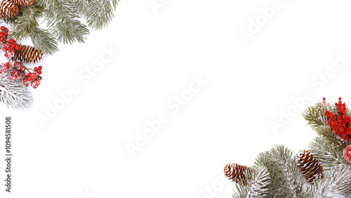 Obraz na płótnie Wide HD format Christmas frame border on white, branches, cones and red berries w salonie