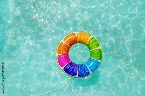 ubber ring, Rubber in swimming pool, colourful rubber ring on water blue surfaces, Safety for kids in swimming pool, Vacation time concept.colorfule  ring floating in refreshing blue swimming pool. photo