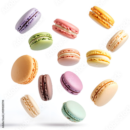 Colorful French macarons in various flavors floating against a white background, showcasing their delicate textures and vibrant hues.