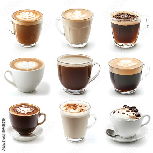 A visually appealing arrangement of various coffee drinks, showcasing different types and styles in elegant cups with frothy designs.