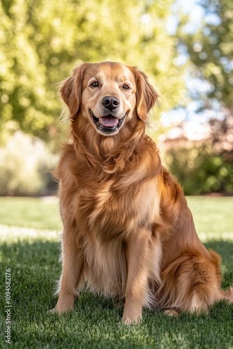 Golden retriever sitting in a sunlit park during autumn