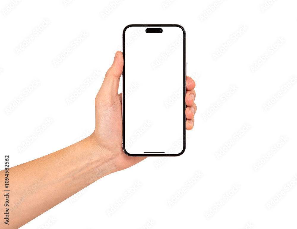 Hand showing smartphone with blank screen isolated on white background. Hand showing smartphone with blank screen isolated on white background.