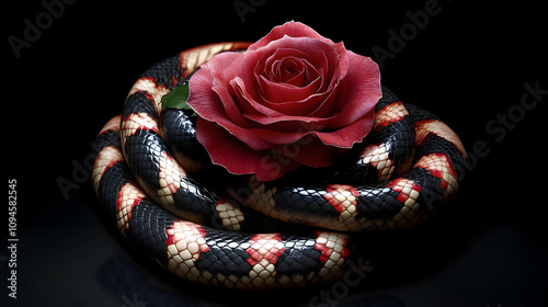 Red Rose on a Black and Red Snake - Illustration photo