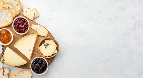 Cheese platter with bread, olives, and fruit preserves arranged on a wooden b...