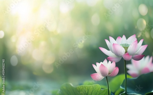 Beautiful blooming lotus flowers in a serene garden setting during daylight h...