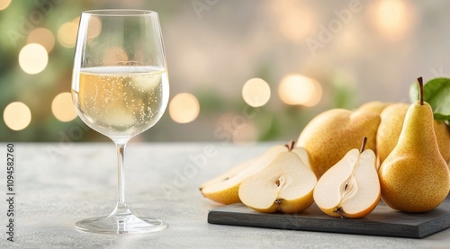 Refreshing pear drink with fresh pears on a table decorated with soft lights