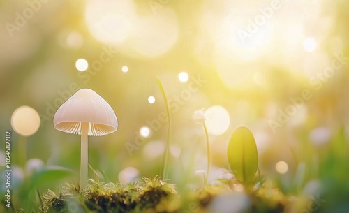 Mushroom growing in soft sunlight with gentle bokeh effect in a lush grassy area