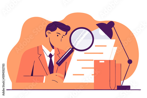 Inspect or review document, report or legal audit, quality assurance, search for document, information or research, investigate, proof or checking concept, businessman with magnifier inspects document