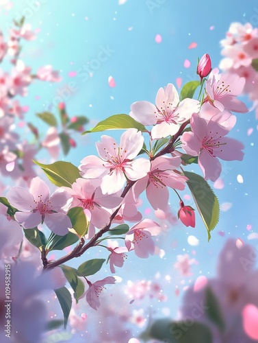 Cherry blossoms bloom against a clear blue sky during springtime in a vibrant...