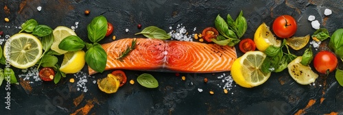 Fresh salmon fillets garnished with herbs and citrus on a dark textured surface